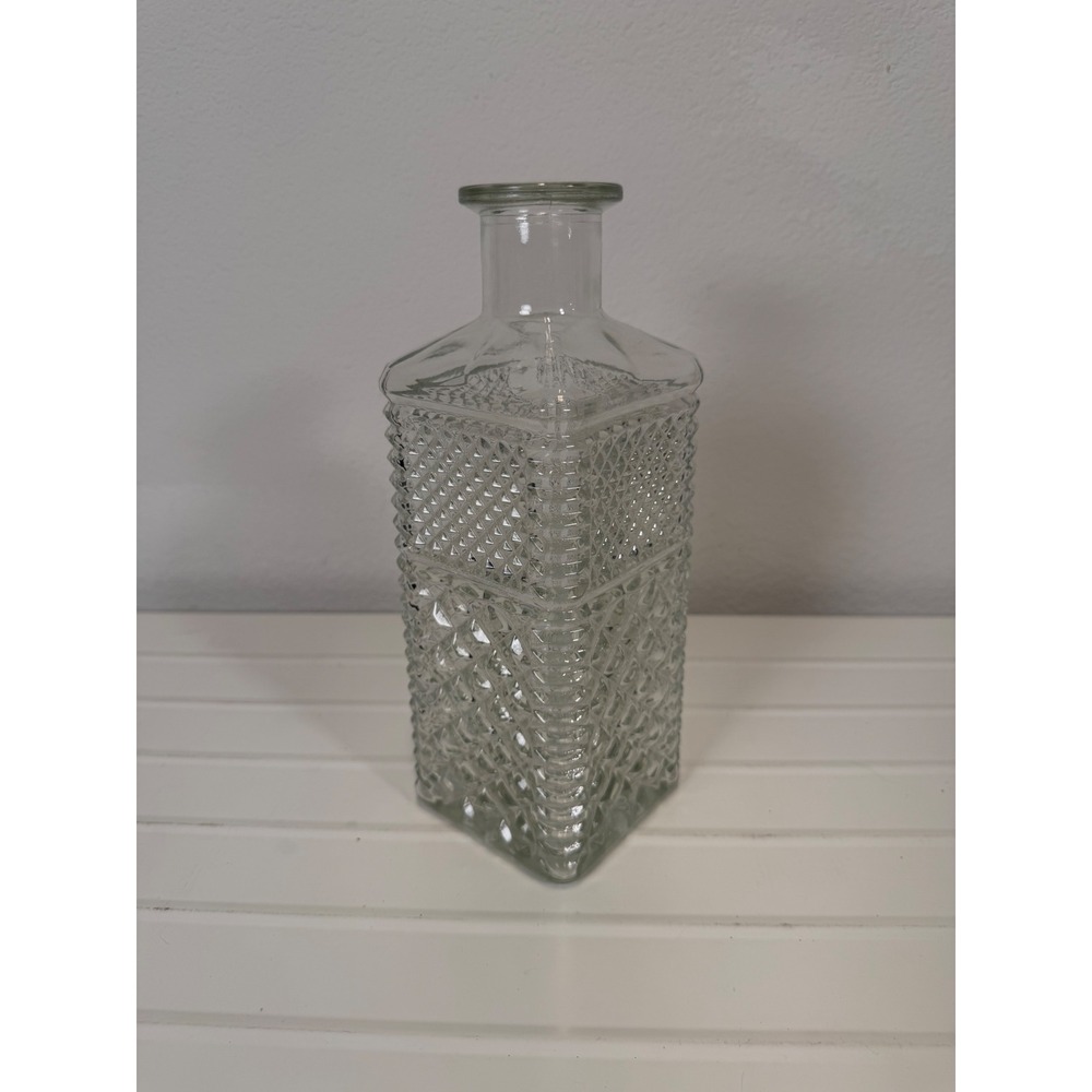 Vintage Clear Glass Square Decanter Diamond Point Hobnail Textured Bottle 9 inch